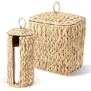 Wicker Waste Basket and Toilet Paper Holder, 2.5 Gal Handwoven Water Hyacinth Trash Can with Lid Garbage Bin, Toilet Paper Storage, Woven Rustic Decorative for Bedroom, Bathroom, Office, Living Room