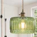 Vintage Green Glass Plug in Pendant Light with Long Cord and Switch,Retro Hanging Lamp No Hardwire Needed,Renter Friendly Swag Lighting for Kitchen Sink,Island,Reading Corner,Bedroom(NO BULB)