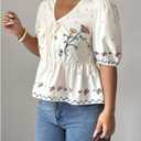 SOLY HUX Women's Floral Print Tie Front V Neck Summer Peplum Blouse Half Sleeve Boho Babydoll Shirt Tops (Large)