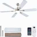 FUMLTP 56inch Ceiling Fans with Lights and Remote/App Control, Dimmable LED, Reversible DC Motor, Noiseless, 6 Double-Side blades, 6 Speeds Low Profile Ceiling Fan for Indoor/Outdoor Use（ Nickel）