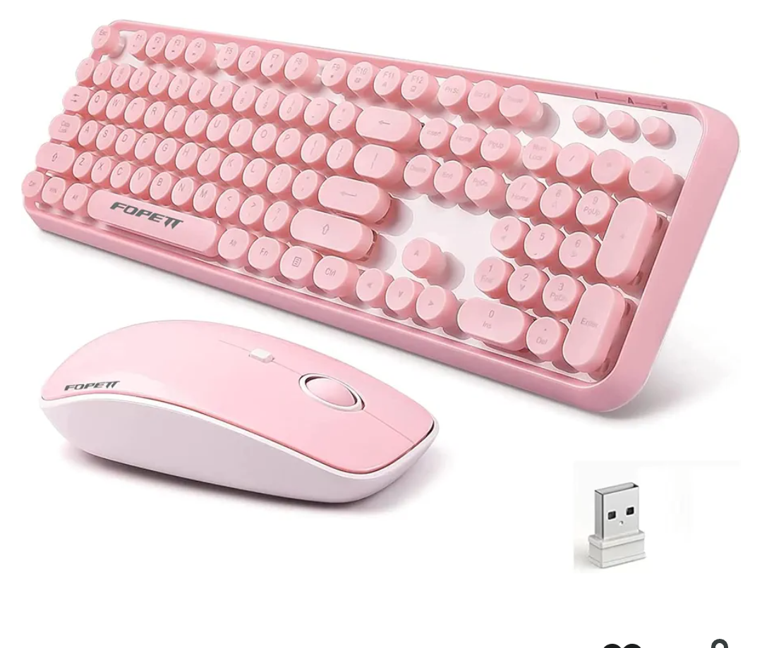 FOPETT Wireless Keyboard and Mouse Combo, 104 Keys Full-Sized 2.4 GHz Round Keycap Colorful Keyboards, USB Receiver Plug and Play, for Windows, Mac, PC, Laptop, Desktop (Pink)