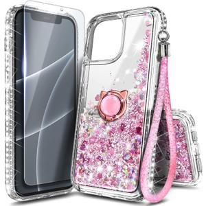 NGB Designed for iPhone 14 Plus Case, Rose Gold | Glitter Liquid Sparkle Cute Cover for Women Girls Kids | with Tempered Glass Screen Protector & Ring Holder & Wrist Strap