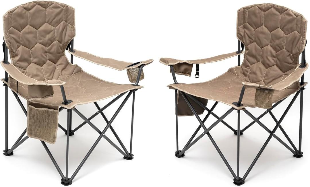 SUNNYFEEL XXL Oversized Camping Chair Heavy Duty 500 LBS for Big Tall People Above 6'4 Padded Portable Folding Sports Lawn Chairs with Armrest Cup Holder & Pocket for Outdoor/Travel/Picnic/Camp (Khaki-2set)