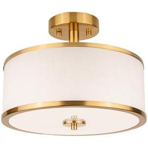 Edwarmlux 3-Light Semi Flush Mount Ceiling Light Fixture, 12.6" Gold Drum Light with White Fabric Shade, Modern Close to Ceiling Light for Living Room Bedroom Dining Room Kitchen Hallway Entry Foyer