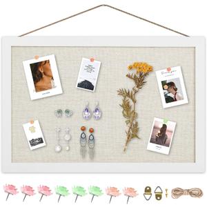 AKTOP Cork Board Bulletin Board with Linen 16.7" X 11", Small Framed Corkboard for Wall, Hanging Pin Board Picture Board for Home Office Decor, Cute Vision Board with 8 Pushpins (Vintage White)