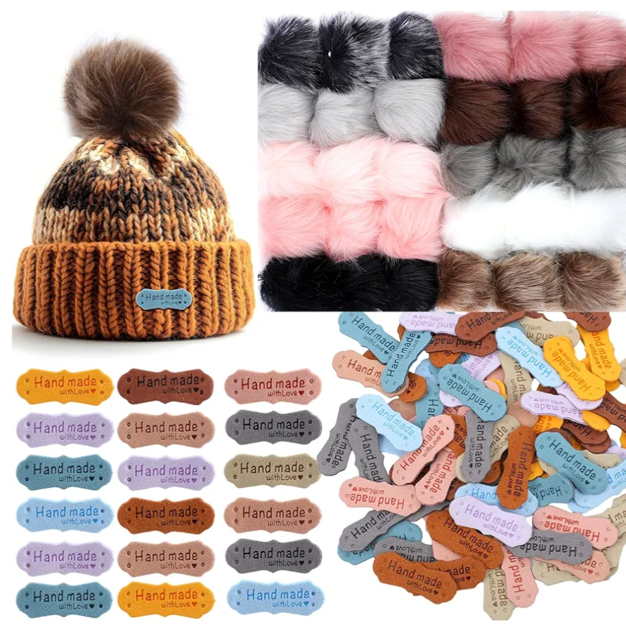 Cinnvoice 30 Pcs Faux Fur Pom Poms for Hats 4" with 100 Pcs Handmade Leather Tag Label Fluffy DIY Knitting Hat Pompoms with Elastic Loop Crochet Craft Accessories for Shoes Scarves Gloves Bag Keychain