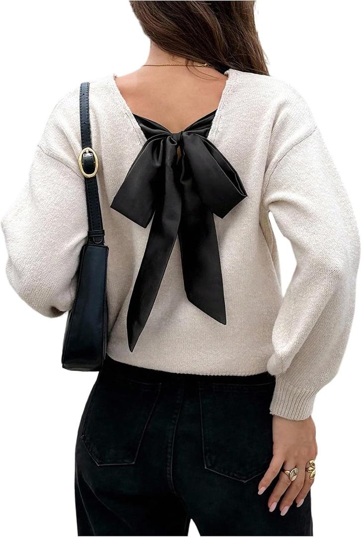 SOLY HUX Women's Long Sleeve Pullover Sweater Bow Tie Back Drop Shoulder Fall Knit Tops