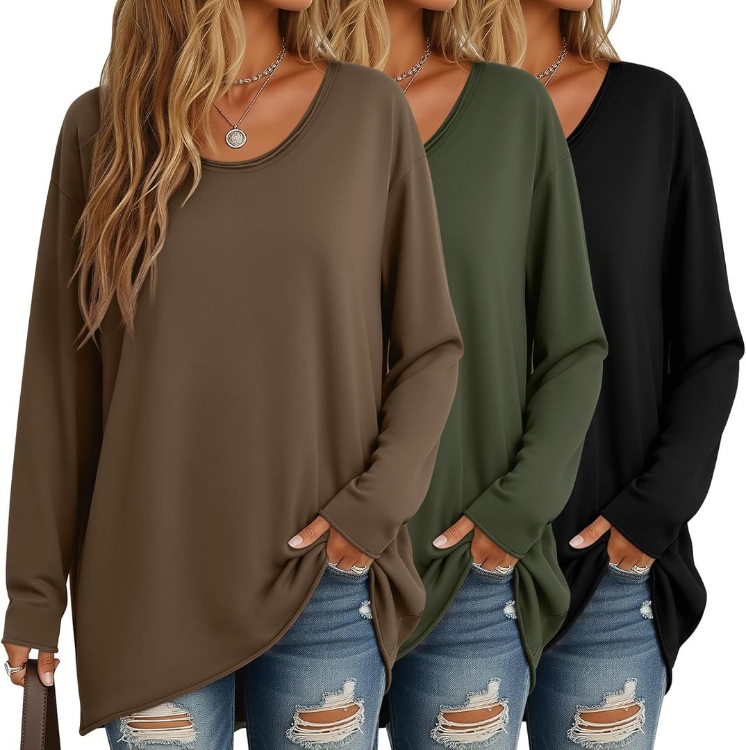 3 Pack Women's Oversize Tops, Long Sleeve Cotton Shirts V Neck Basic Unfinished Edge Tees Casual Loose Fall Tops (Medium, Black, Brown, Army Green)