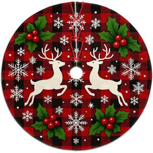 Christmas Tree Skirt 30 inch, Xmas Buffalo Plaid Reindeer Snowflake Holly Christmas Tree Skirt, Xmas Tree Skirt Ornaments for Christmas Tree, Holiday Decor Party Christmas Decorations