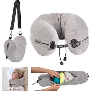 DreamShore Travel Pillow for Extra Luggage: Stuffable Neck Pillow with Adjustable Neck Size | Fits 3+ Days of Travel Essentials | Transformable Carry-On Solution | Soft Velvet Cover | No Filler (Grey)
