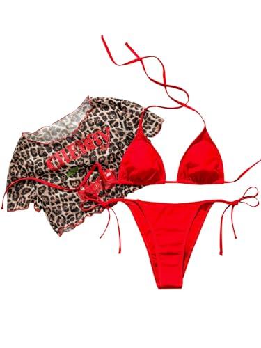 Verdusa Women's 3 Piece Bikini Set Halter Triangle Cheeky String Swimsuit with Leopard Mesh Crop Top Red Medium L