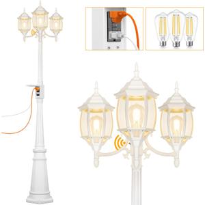 Dusk to Dawn Outdoor Lamp Post Light with GFCI Outlet, 3-Head Classic White Light Pole with Glass Panels (3 LED Bulbs Included), Aluminum Waterproof Outside Street Light for Backyard Garden Driveway