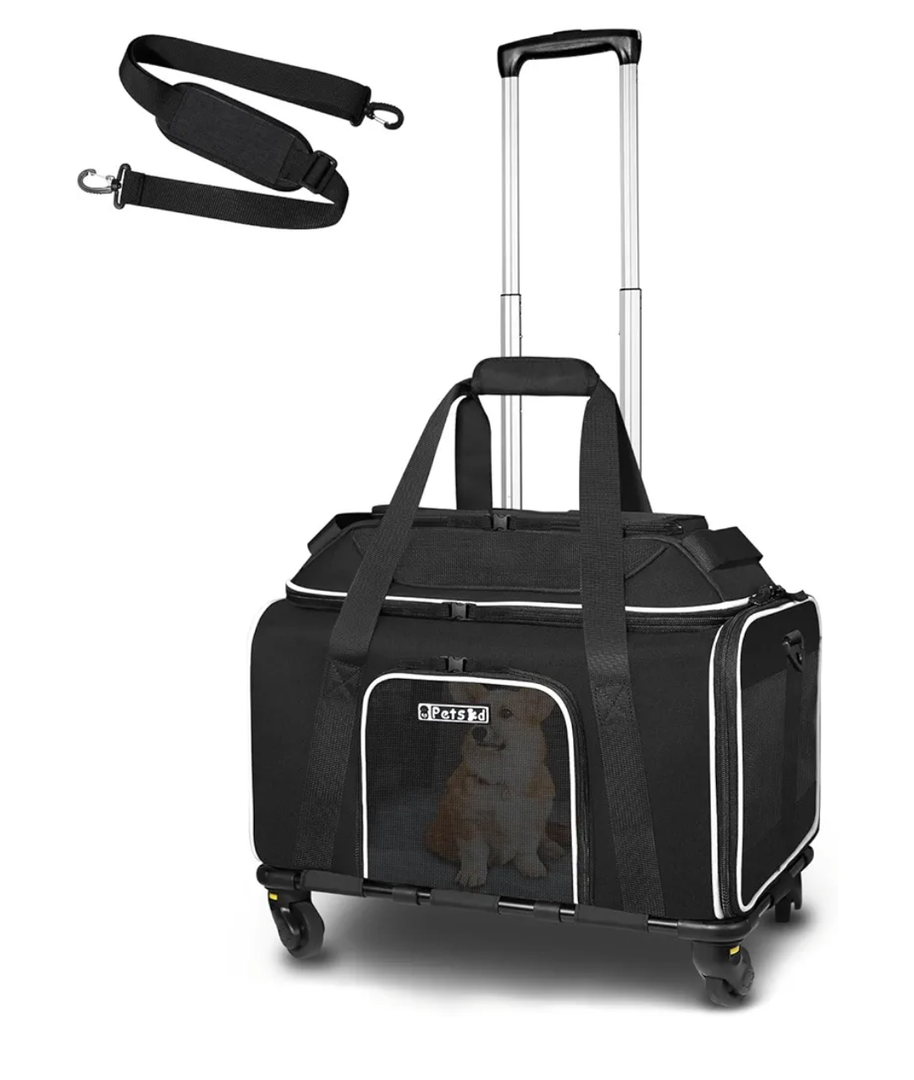 Petskd Top-Expandable Pet Carrier with Wheels 17x12x8.5 Inches JetBlue Allegiant Spirit Airline Approved, Soft-Sided Carrier for Small Cat Dog with Locking Safety Zippers and Anti-Scratch Mesh(Black)