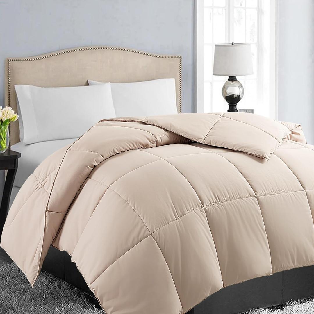 EASELAND Oversized King Down Alternative Comforter - Quilted Duvet Insert for All Seasons, Soft Lightweight with Corner Tabs, Summer Winter Warm Bedding, Beige 98x116 Inches