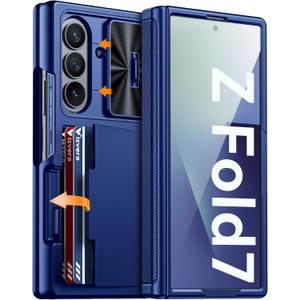 Vizvera for Samsung Galaxy Z Fold 7 Case RFID Wallet with Cards Holder [Hinge Cover] [Camera Cover] Shockproof Silicone Protective Phone Case for Z Fold 7 2025-Blue