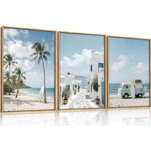 BICERE Large Summer Coastal Framed Canvas Wall Art Set,Modern Beach Surfboard Wall Decor,Seaside Palm Tree Art Prints,Vintage Blue Van Artwork for Living Room,Bedroom,Office -24"x36"x3