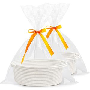 Gift Basket Empty, Small Woven Storage Basket with Gift Bags & Ribbons, Cotton Rope Room Shelf Storage Basket with Handle for Organizer Nursery Bins or Baby Shower 12" x 8" x 5" (White, 2 Pack)