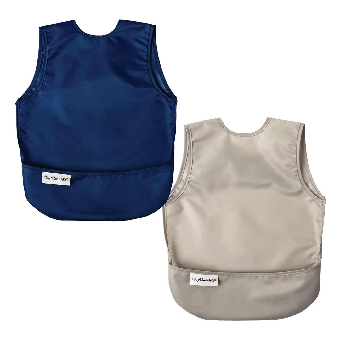 Tiny Twinkle Mess Proof Apron Bibs - 2 Pack Waterproof & Lightweight Baby Bibs for Led Weaning | 100% Recycled Polyester, Easy Clean & Machine Washable (Grey Indigo, Large 2-4 Years)