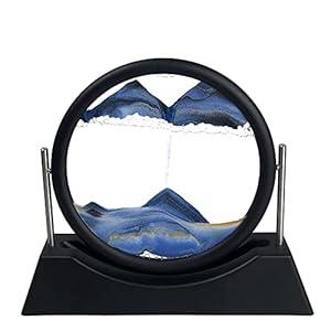 Oneshow Moving Sand Art Picture Flowing Sand Painting 3D Deep Sea Sandscape Liquid Motion Display 360° Rotation Round Glass Frame Relaxing Desktop Home Office Decor for Adult Kid Desk Art (Blue)