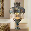 Victorian Style Table Lamp, Antique Flower Decorative Bedside Desk Lamp, Blue Fabric Night Light Elegant Bedside Nightstand Lamps for Bedroom Living Room