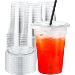NEEBAKE 150 Sets 9 oz Disposable Plastic Cups With Lids - Clear Drinking Cups, Plastic Cups for Ice Coffee, Smoothie, Cold Drinks