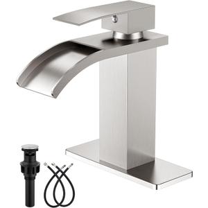 Waterfall Bathroom Faucets Single Hole Sink Faucet for 1 or 3 Hole Single Handle Vanity Basin with Deck Plate, with Pop-up Drain & Supply Lines, Brushed Nickel