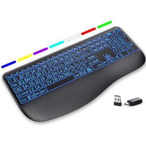 Large Print Wireless Backlit Keyboard Rechargeable Quiet Low-Profile Keys, 7-Color Light up with Memory Setting, Ergonomic Full Size with Extra-Large Wrist Rest for Computer/Laptop Windows, Black