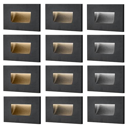 FTL 12-Pack Step Lights Outdoor Stair Light 12V LED, 3000K/ 4000K/ 5000K 3 Color Changing Stair Lights Indoor 3.5W 150LM Waterproof Indoor Deck Step Lights, Low Voltage Black Stair Lights Aluminum