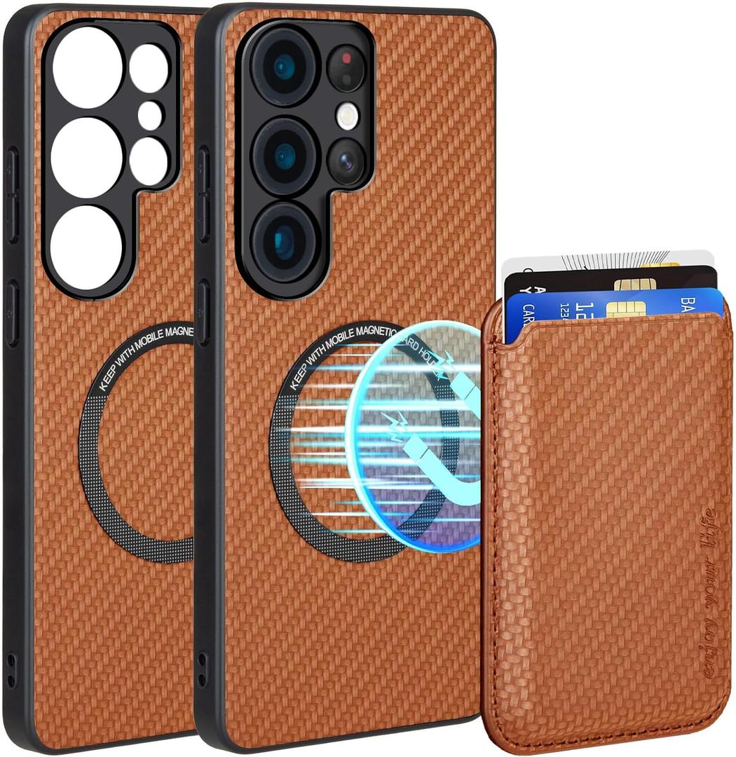 Designed for Samsung S23 Ultra Case, Galaxy S23 Ultra Case with Card Holder, Supporting for Mag-safe & Magnet, Knitted PC Cover with Soft TPU Edges, Anti-slip & Shock-absorbing,Business Design(Orange)