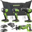 Greenworks 24V 4pcs Brushless Power Tool Combo Kit, 530 in-lbs 1/2" Drill Driver, 1950 in-lbs 1/4" Impact Driver, 3000 SPM Reciprocating Saw, 200 lumens Flashlight, 2 * 2Ah Battery and Fast Charger