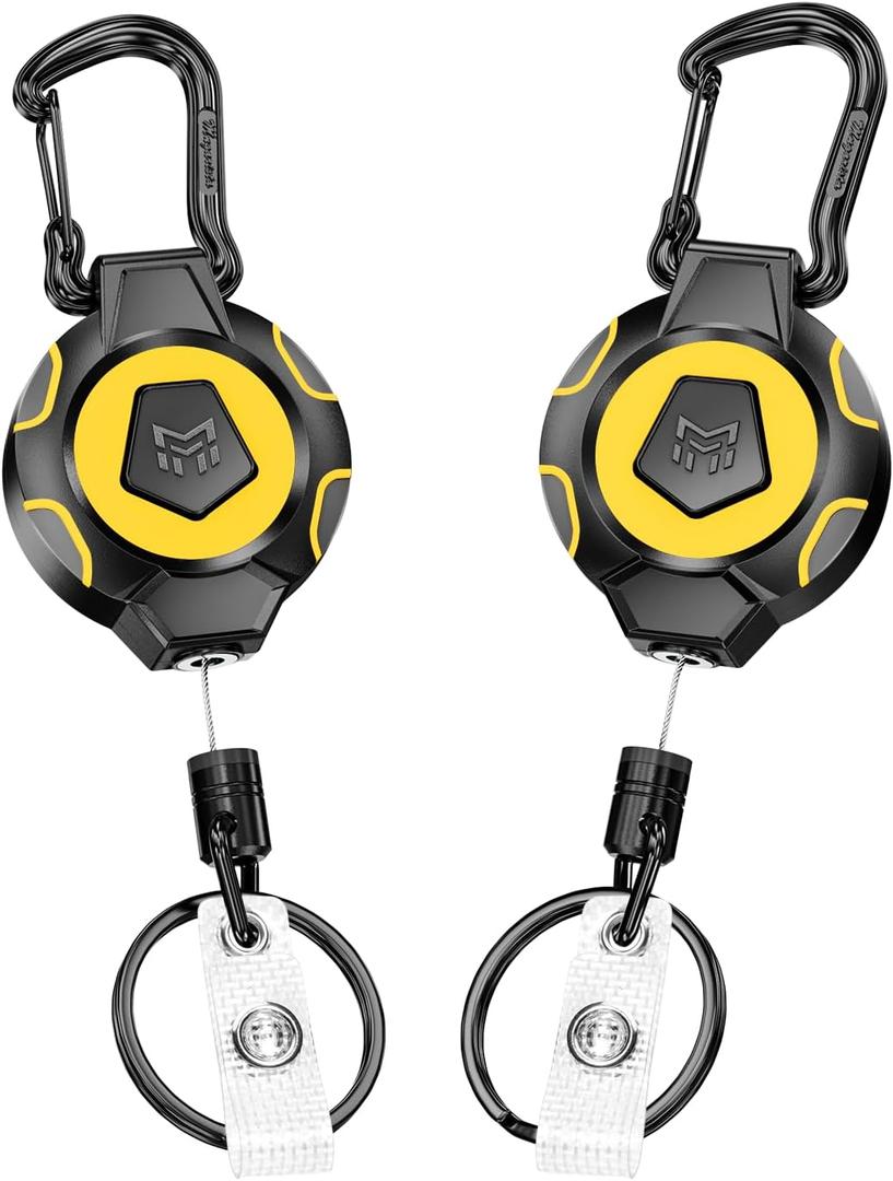 MNGARISTA 2-Pack Upgraded Retractable Keychain, 10 OZ Retraction, 31.5" Stainless Steel Cord, Heavy Duty Carabiner Badge Holder, ID Badge Reel with Badge Strap and Key Ring (Vivid Yellow 2 Pc.)