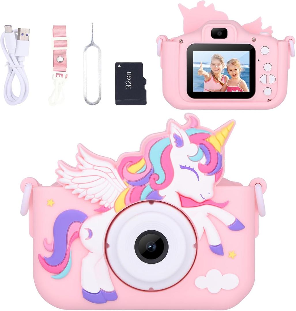Unicorn Toys Camera for Kids Girls Age 3-8, Toddler Kids Digital Camera Christmas Birthday Gifts for 3 4 5 6 7 8 Years Old Girl, Cute Selfie Video Camera, HD 1080P, 32GB SD Card Included, Pink