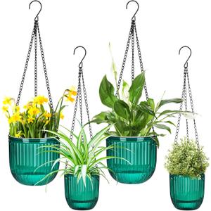 Maxcheck Pack of 4 Self Watering Hanging Planters Indoor Gift 6.5'' 4.5'' Hanging Flower Pots Baskets Outdoor Self Watering Plant with 3hooks Drainage Holes for Home(Emerald)