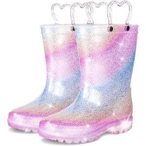 GAWBAW Toddler Rain Boots Kids With Glitter Light up Rain Boots With Easy-on Handles Waterproof For Boys and Girls