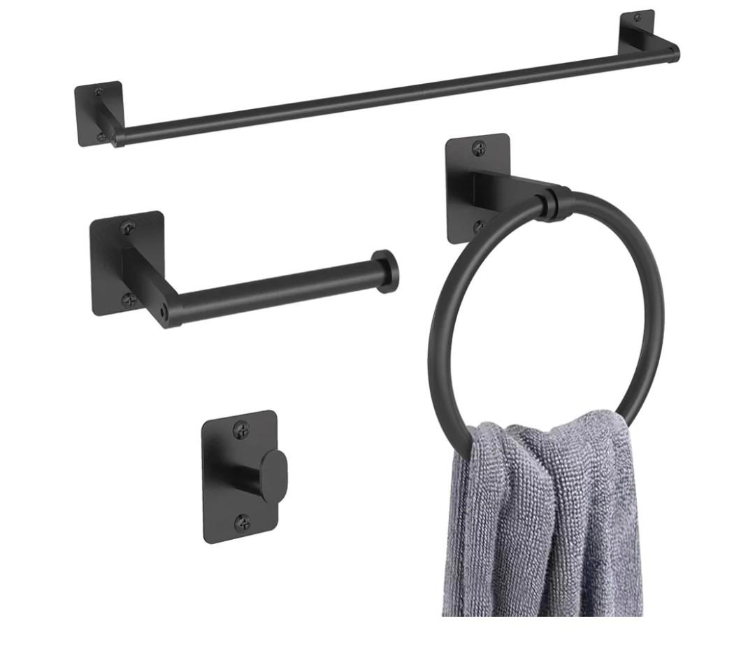 Matte Black Bathroom Accessories Set, KLJKPA 4 Pieces Bathroom Hardware Set, 24 inch Towel Bar, Towel Racks for Bathroom, Robe Towel Hooks, Toilet Paper Holder Wall Mounted