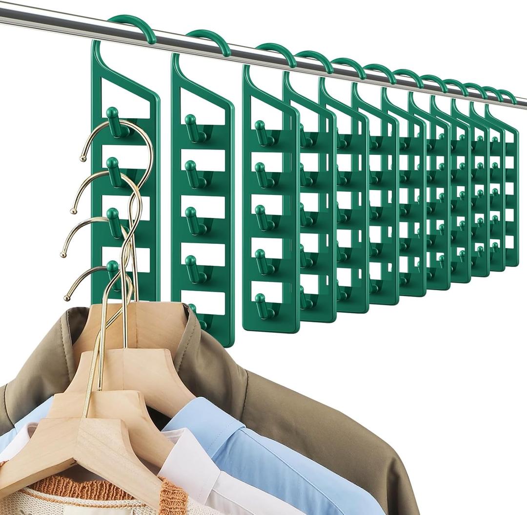 12 Pack Space Saving Hangers Holders Sturdy Plastic, Compact Clothes Storage Vertical Closet Hangers 5 Holes, College Dorm Room, Closet Organizers