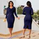 shengfan Women's Elegant Business Bodycon Dress Church Long Sleeve Wrap Pencil Wear to Work Midi Dresses (Blue, XXL)