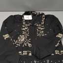 Cropped Floral Embroidery Long Sleeve V Neck Blouse Collar Button Down Shirt (Small, Black)