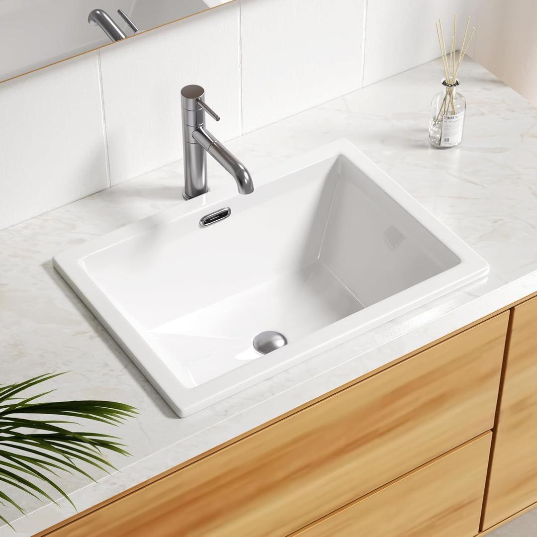Enbol 20.6" x 14.5" Drop in Bathroom Sink Rectangule Vessel Sink Self-rimming Top Mount Bathroom Sink White Ceramic Lavatory Vanity with Overflow O2014-1