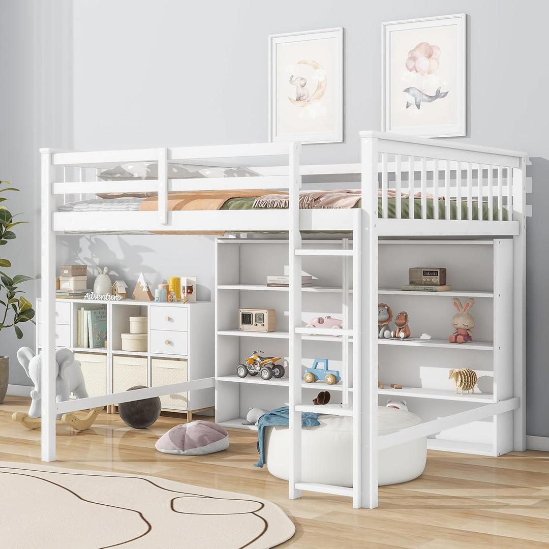 Full Size Loft Bed with 8 Open Storage Shelves and Built-in Ladder,Bedroom Solid Wood Bed Frame w/Full-Length Guardrails & Easy to Assemble, For Kid Adult Boy Girl Teen, White