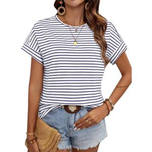 LilyCoco Womens Striped Shirt Short Batwing Sleeve Tops Crew Neck Casual Loose Fit Tee Black Small (S)