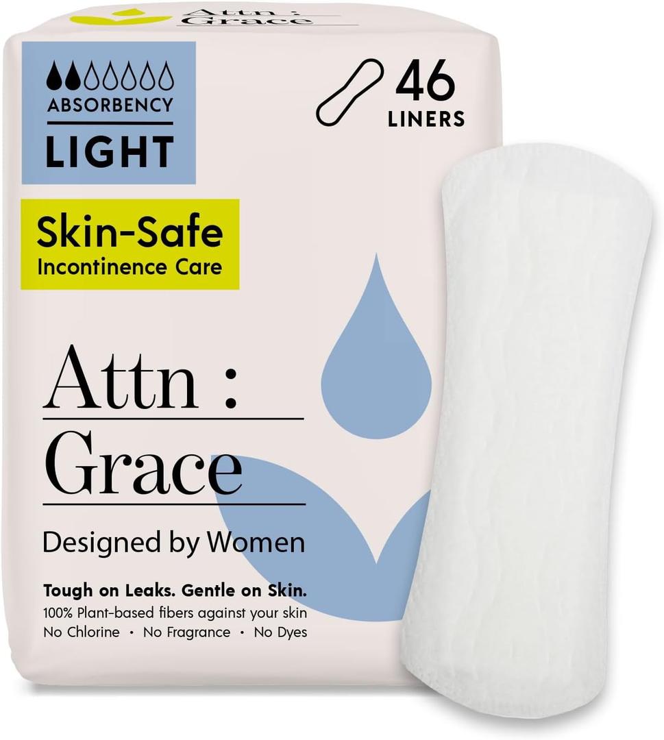 Attn: Grace Panty Liners for Women - 46 Liners for Light Urinary Incontinence, Bladder Leakage or Postpartum - 100% Breathable & Plant-Based Materials Active Odor Control - Free from Harsh Chemicals
