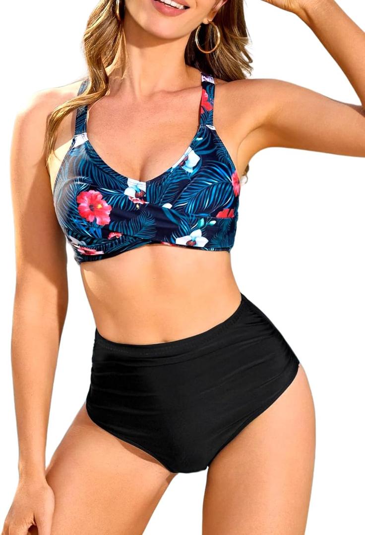 Women's Two Piece Swimsuits Full Coverage Bikini Set Tummy Control Bathing Suit Push Up V Neck Twist Front Swim Suits (Blue Tropical-a) Small