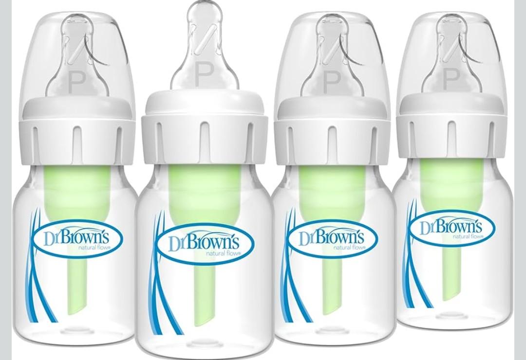 Dr. Brown's Natural Flow Anti-Colic Options+ Narrow Baby Bottle, 2 oz/60 mL, with Preemie Flow Nipple, 0m+, 4 Pack