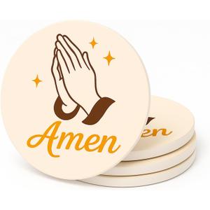 Amen Christian Religious Coasters Set of 4 Absorbent Ceramic Drink Coasters with Non-Slip Cork Base Prayer Hands Faith Blessing Bible Verse Decor for Coffee Table Church Gift
