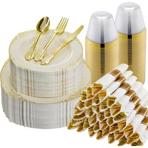 Bestluck 350PCS Ivory Plastic Plates for 50 Guests, Disposable Dinnerware Sets Include 100 Gold Rim Plastic Plates, 50 Silverwares, 50 Cups, and 50 Pre Rolled Napkins for Party, Wedding, Graduation