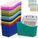 Jinei 24 Pack Multicolor Book Bins for Classroom Bulk Confetti Book and Binder Holders with Name Labels Assorted Color Plastic Classroom Organization Basket Box Teacher Storage Bins for Home Office