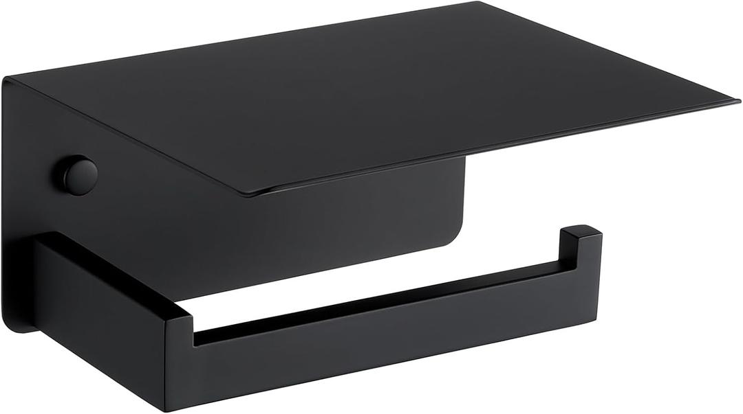 Angle Simple Toilet Paper Holder with Shelf Matte Black, 304 Stainless Steel Lavatory Tissue Roll Holder for Wall (Single Rod)