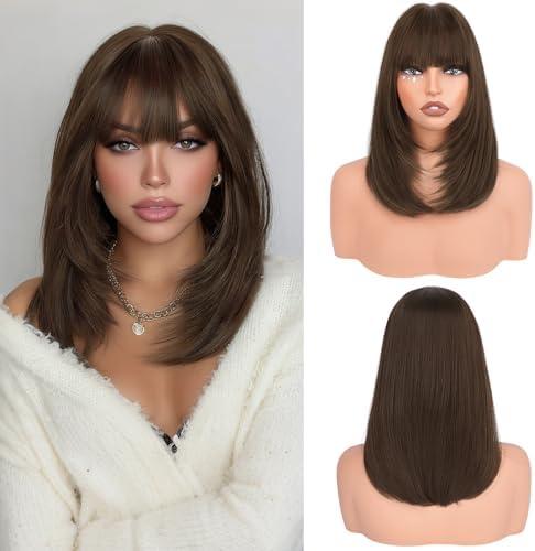 Haloo Brown Bob Wigs with Bangs Shoulder Length Straight Natural Looking Synthetic Heat Resistant Medium Hair Wigs for Women Daily Party, 16 Inch Light Brown
