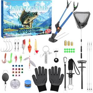 Fishing Advent Calendar 2025 for Men - 24-Day Countdown Calendar with Telescopic Landing Net, Fish Gripper & Rod Holder for Father, Husband, Boyfriend